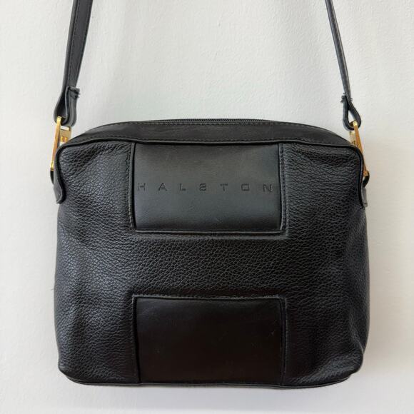 Vintage Halston Black Leather Shoulder Bag – Gold Hardware, Minimalist Style - Picture 1 of 10
